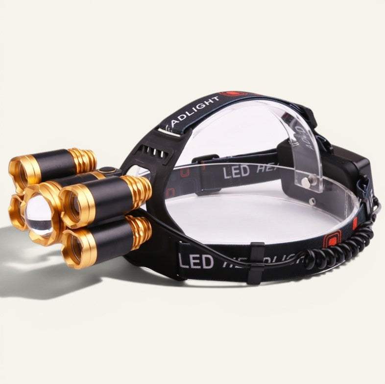 Lampe frontale Lumeoo 5 LED en aluminium noir et doré avec faisceau zoomable et bandeau réglable pour randonnée