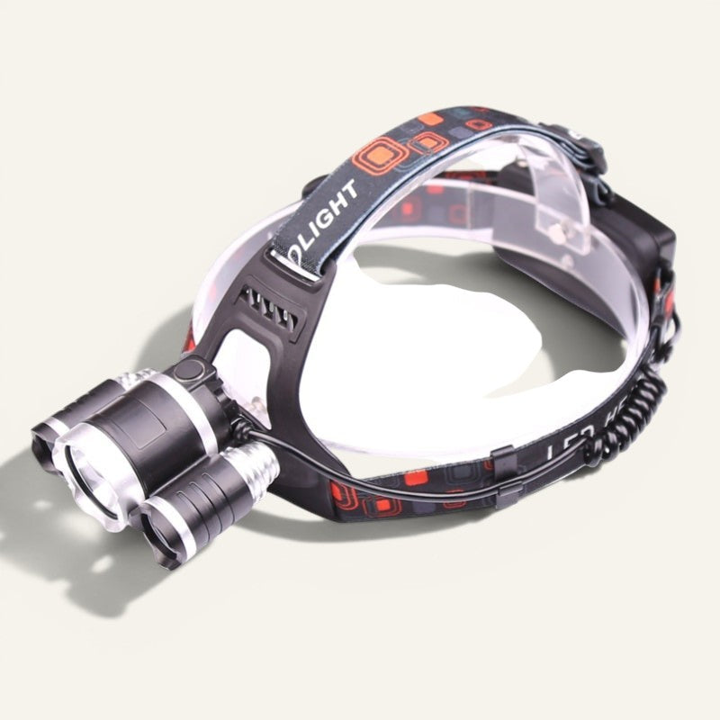 Lampe frontale Lumeoo 5 LED en aluminium, zoomable avec bandeau réglable, idéale pour randonnée et pêche nocturne.