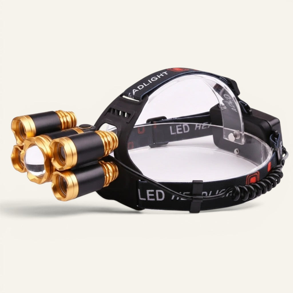 Lampe frontale Lumeoo 5 LED en aluminium noir et doré, zoomable avec capteur, idéale pour randonnée et pêche.