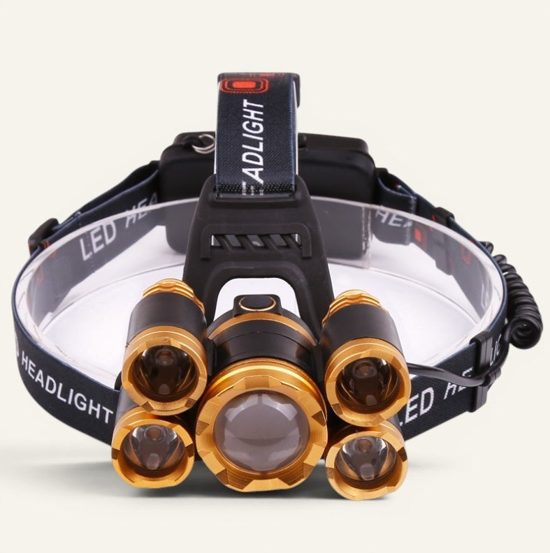Lampe frontale Lumeoo 5 LED zoomable en aluminium noir et doré avec bandeau réglable pour randonnée et pêche