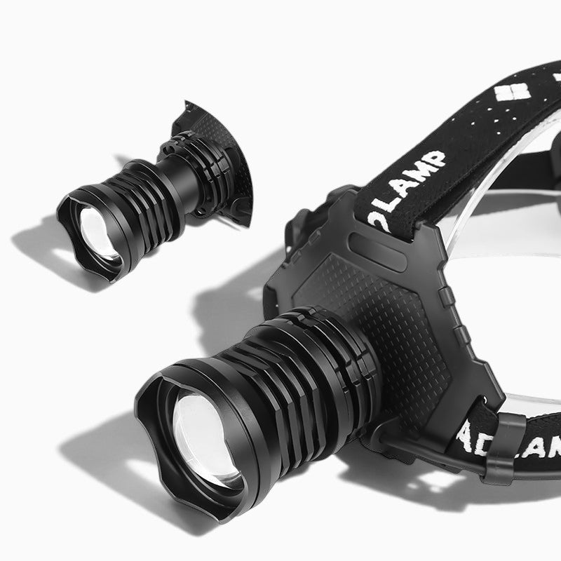 Lampe frontale Lumeoo XHP70 noire, puissante et zoomable, avec bandeau réglable pour le camping et la randonnée.