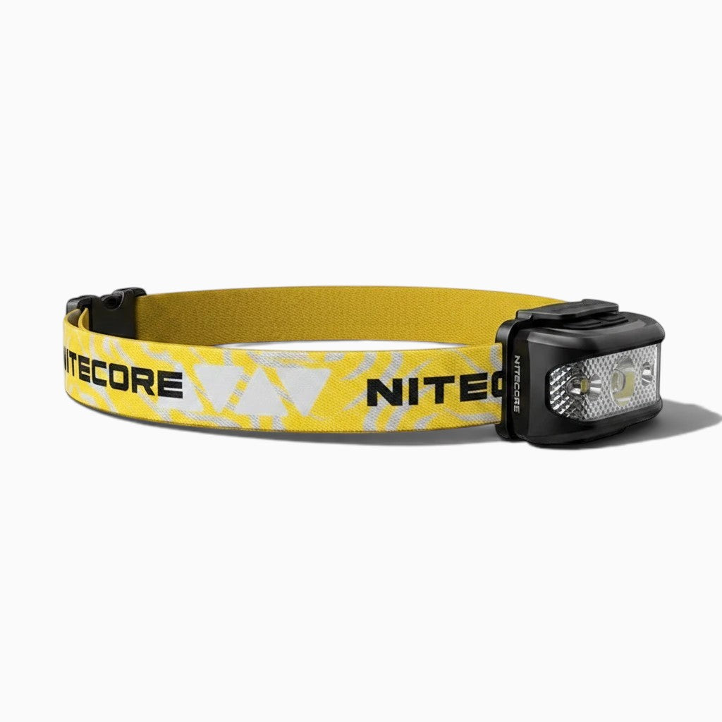Lampe frontale rechargeable Lumeoo avec bandeau jaune vif et noir pour le trail, la randonnée et la pêche nocturne