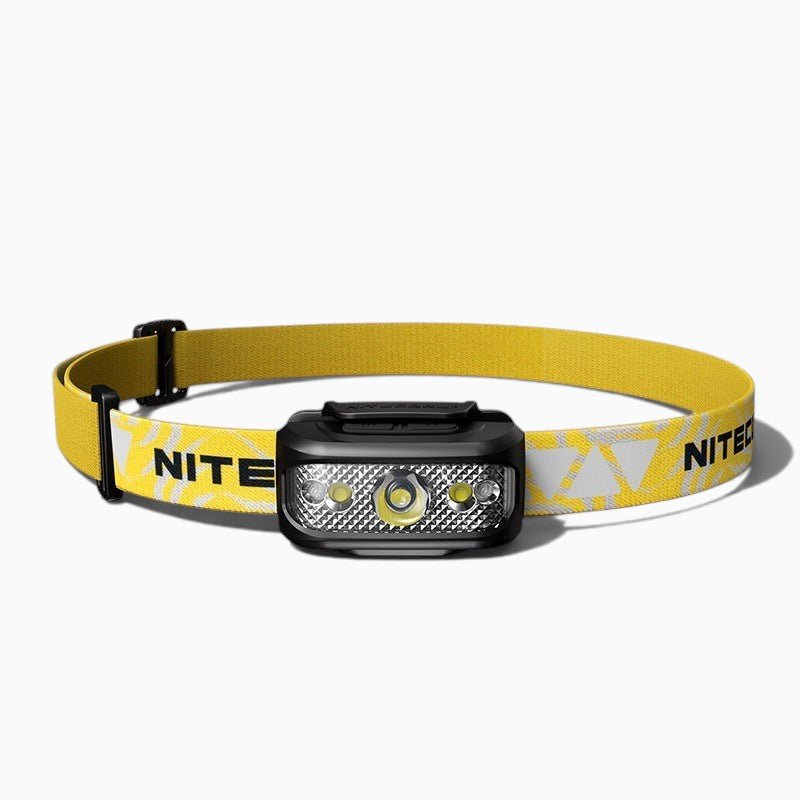 Lampe frontale rechargeable Lumeoo avec bandeau jaune réfléchissant pour le trail, la randonnée et la pêche nocturne