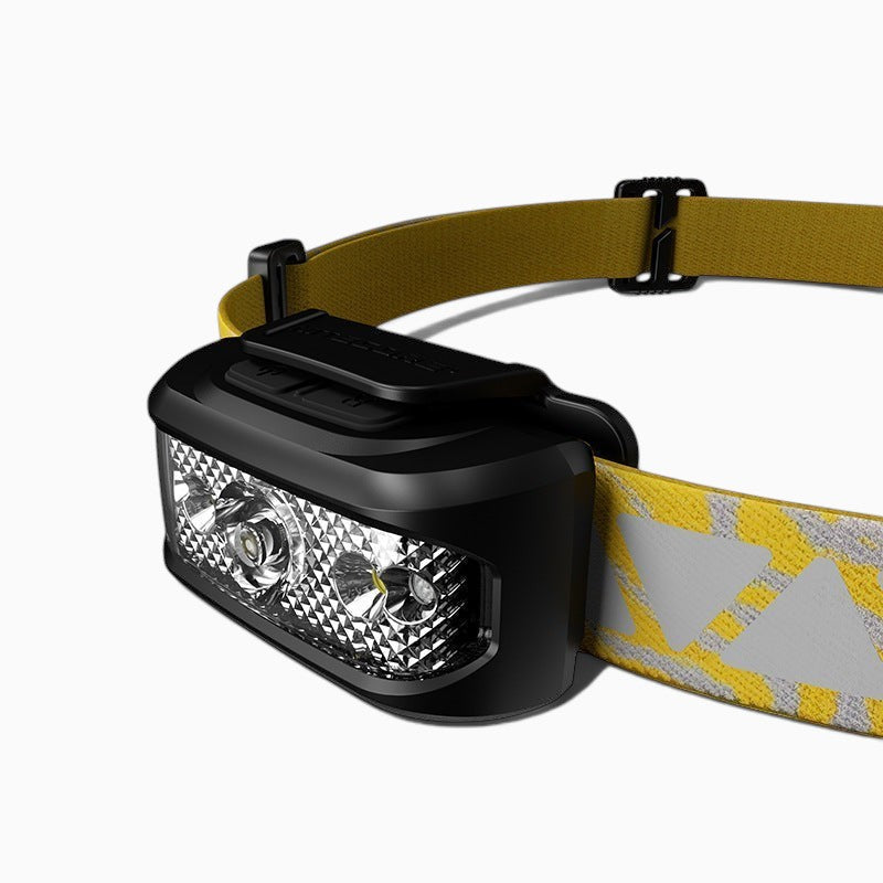 Lampe frontale rechargeable Lumeoo noire avec bandeau élastique jaune réfléchissant pour trail et randonnée