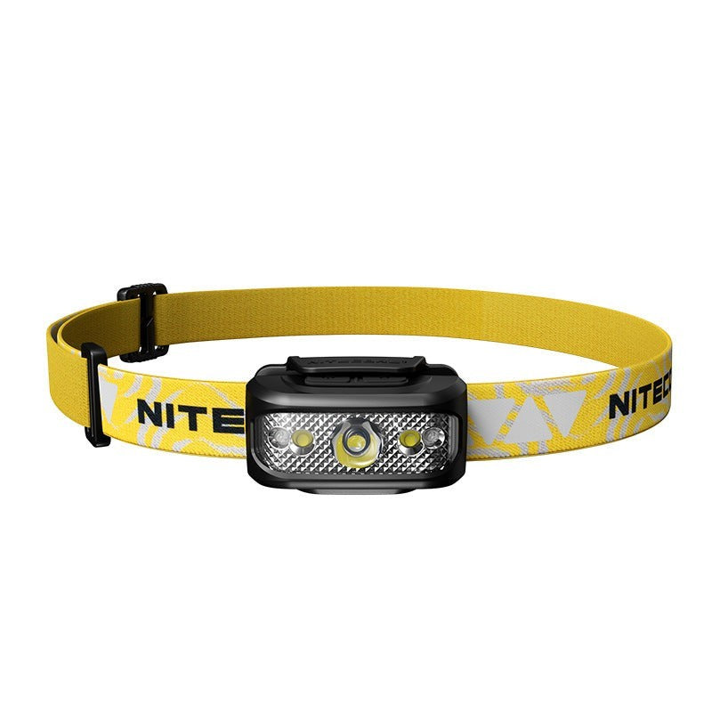 Lampe frontale rechargeable Lumeoo noire avec bandeau élastique jaune pour trail, randonnée et pêche nocturne.