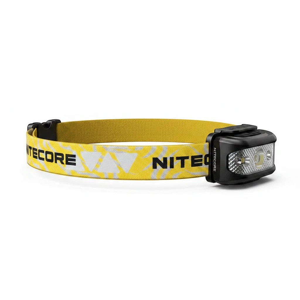 Lampe frontale rechargeable Lumeoo TRAILUX avec bandeau jaune élastique pour le trail, la randonnée et la pêche.