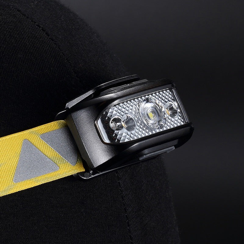 Lampe frontale Lumeoo TRAILUX rechargeable noire avec bandeau jaune réfléchissant pour trail, randonnée et pêche.