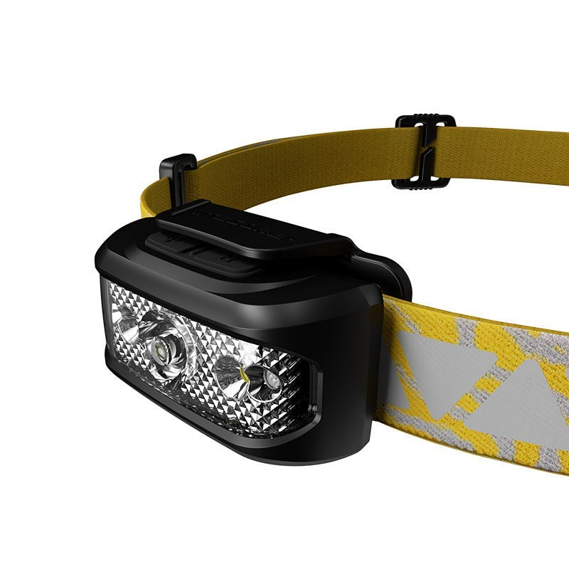 Lampe frontale rechargeable Lumeoo noire avec bandeau jaune réfléchissant pour trail, randonnée et pêche nocturne.