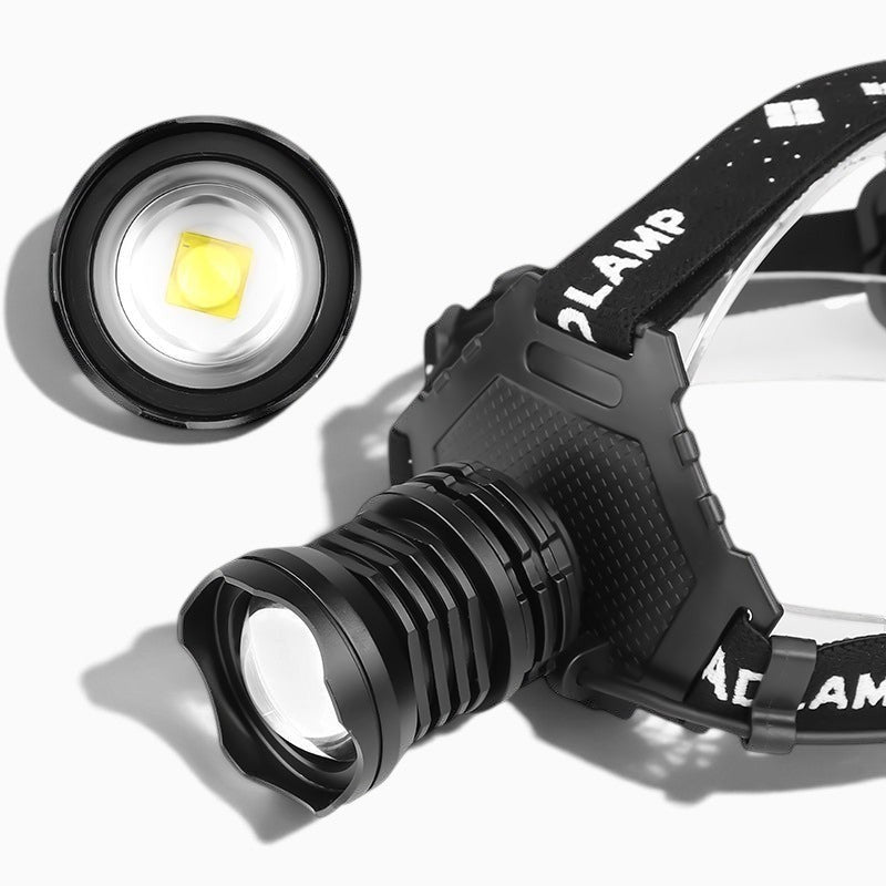 Lampe frontale Lumeoo XHP70 noire rechargeable par USB avec zoom ajustable et bandeau élastique pour le camping