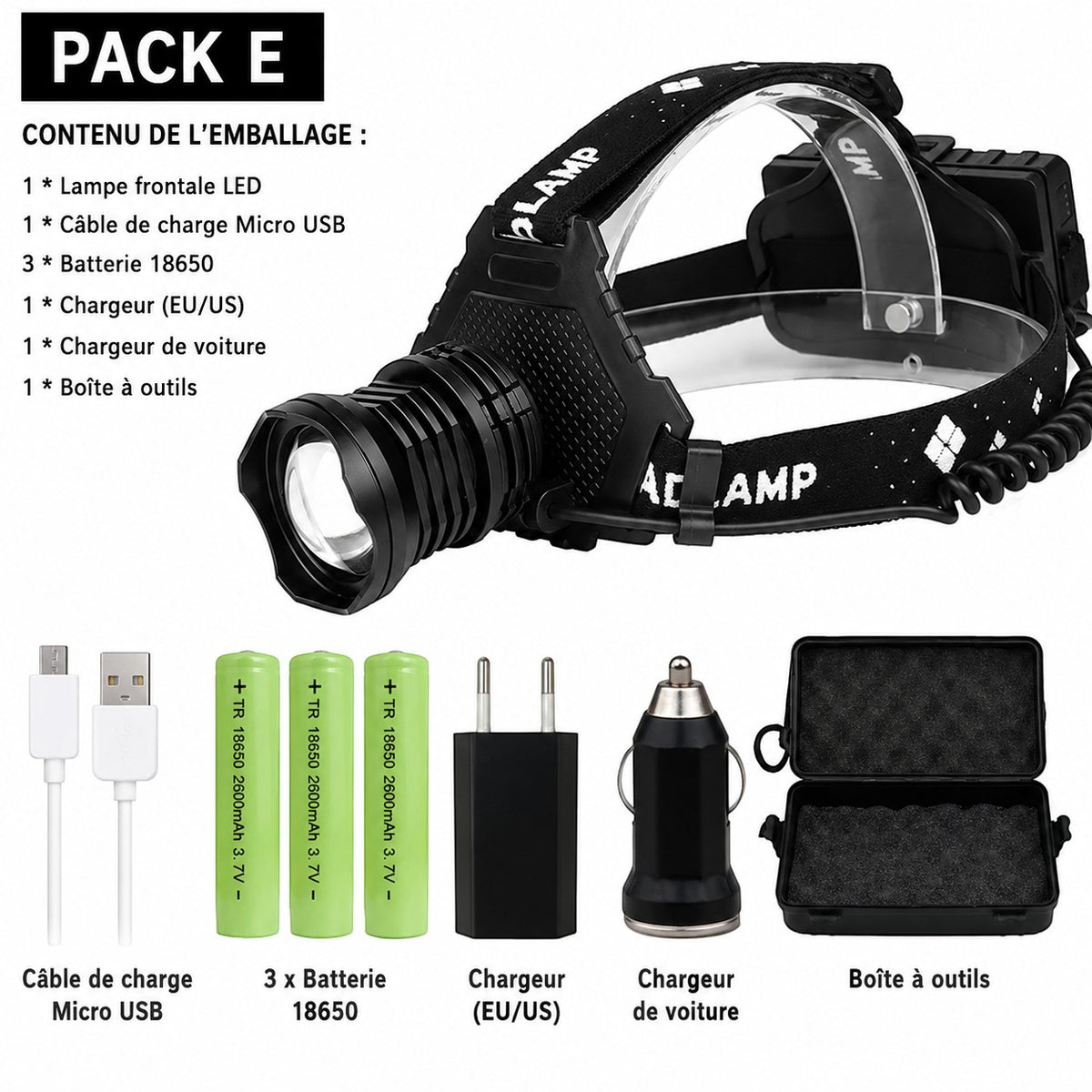 Pack complet Lumeoo avec lampe frontale LED XHP70 zoomable, trois batteries 18650, câbles et chargeurs pour le camping.