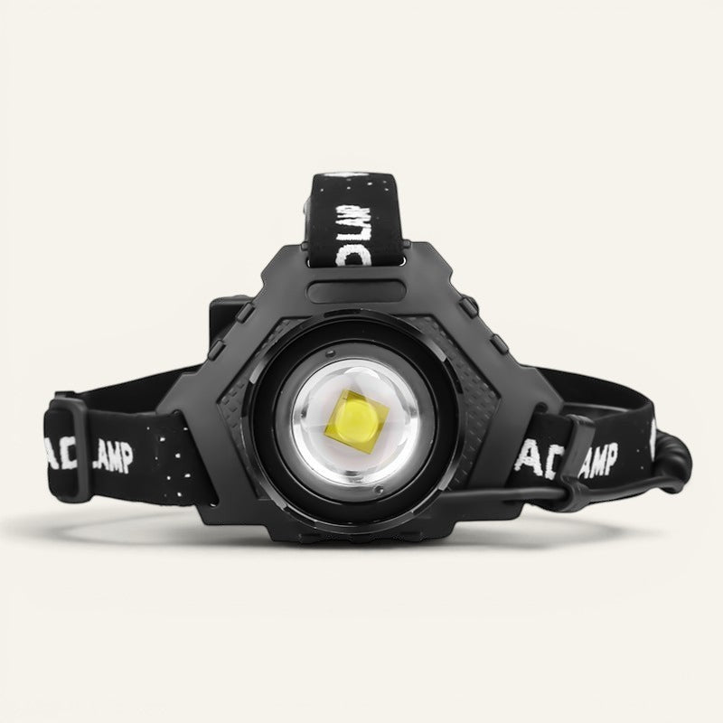 Lampe frontale Lumeoo XHP70 noire, rechargeable USB, zoomable, idéale pour le camping et la randonnée nocturne.