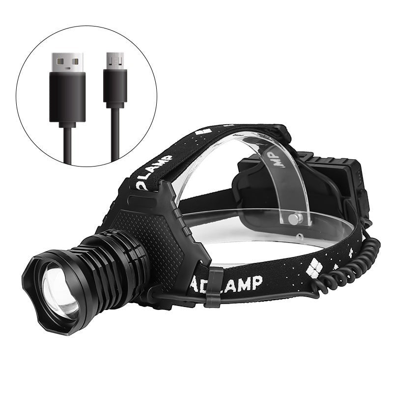 Lampe frontale Lumeoo XHP70 noire, puissante et zoomable avec sangle ajustable et câble de recharge USB inclus.