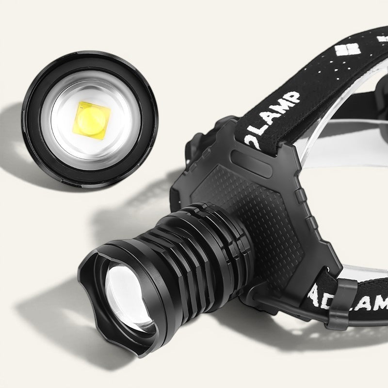 Lampe frontale Lumeoo XHP70 noire, rechargeable USB, zoomable, idéale pour le camping et la randonnée nocturne.