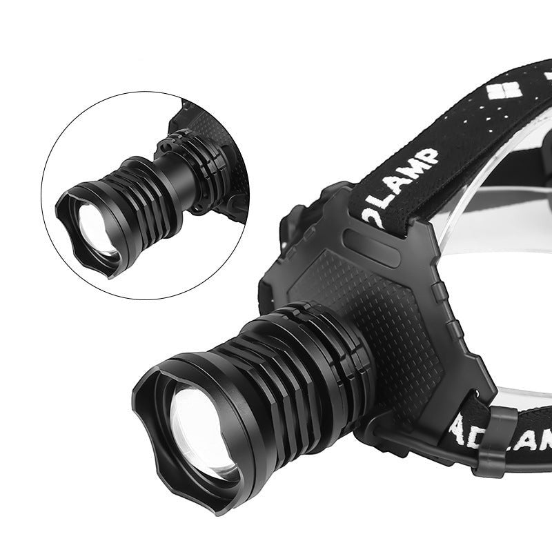 Lampe frontale Lumeoo XHP70 noire, puissante et zoomable, idéale pour le camping et la randonnée nocturne.