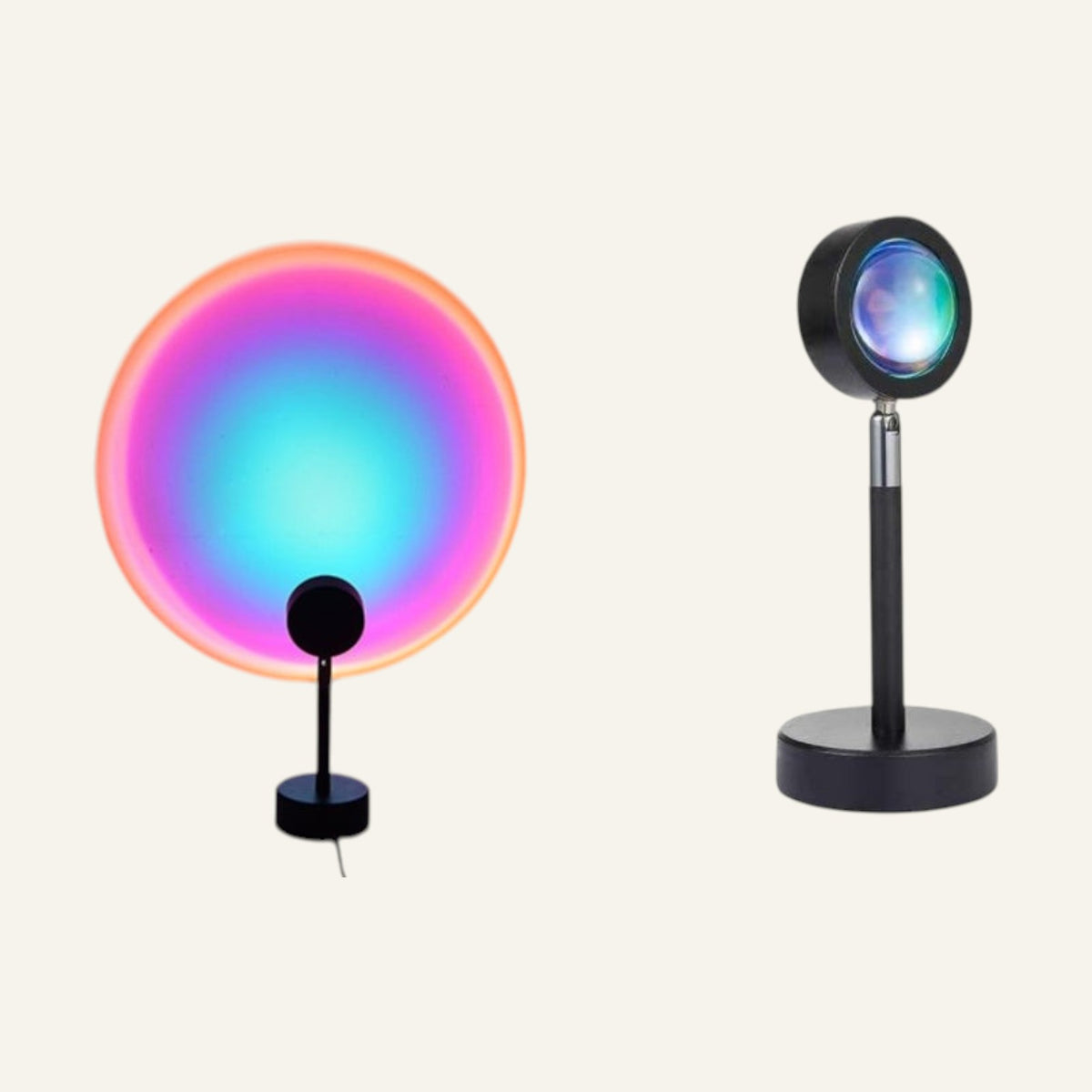Lampe projecteur Lumeoo Halo diffusant des teintes coucher de soleil vibrantes rose et bleu sur un support noir