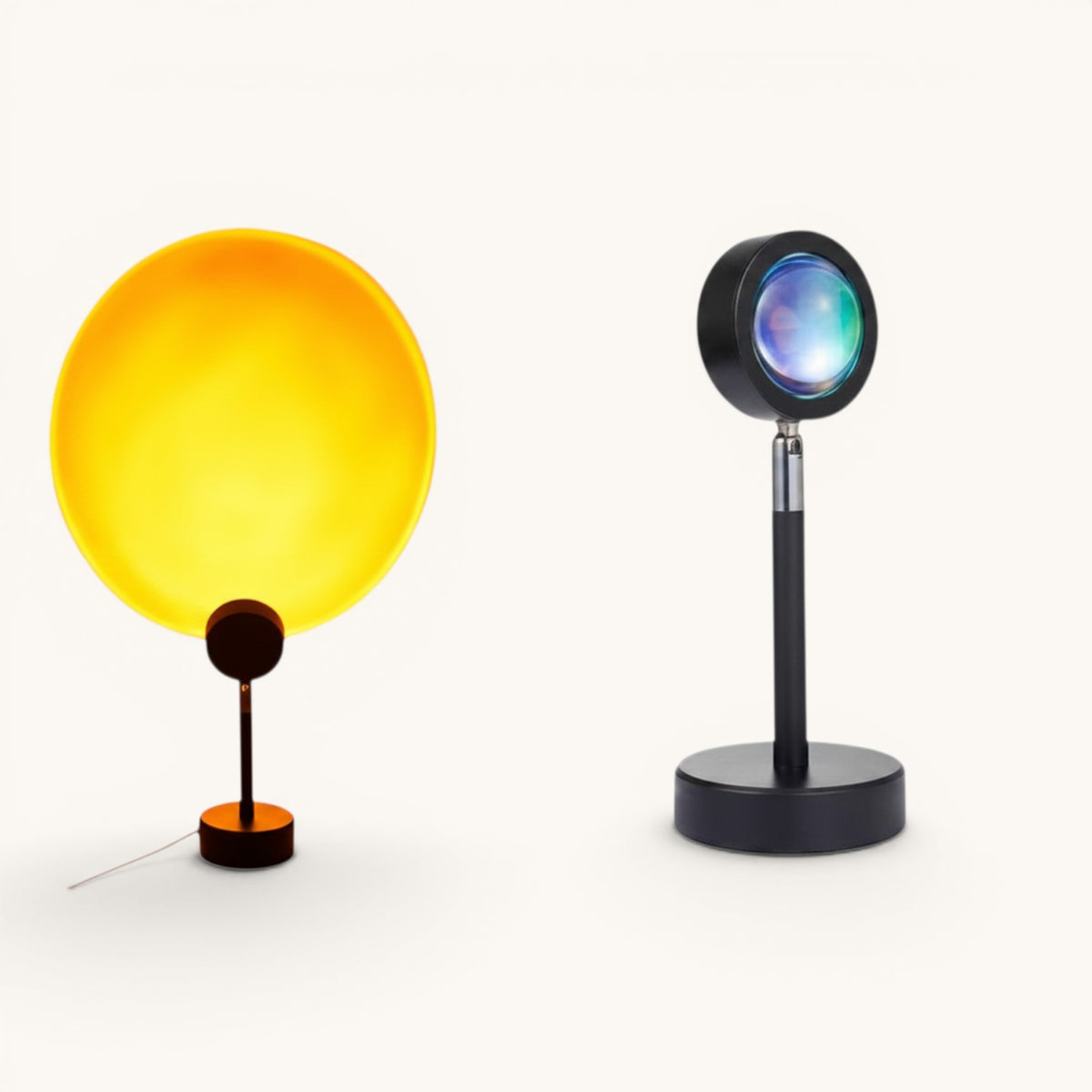 Lampe Lumeoo Halo projetant une lumière dorée de coucher de soleil, design moderne sur pied noir pour ambiance apaisante