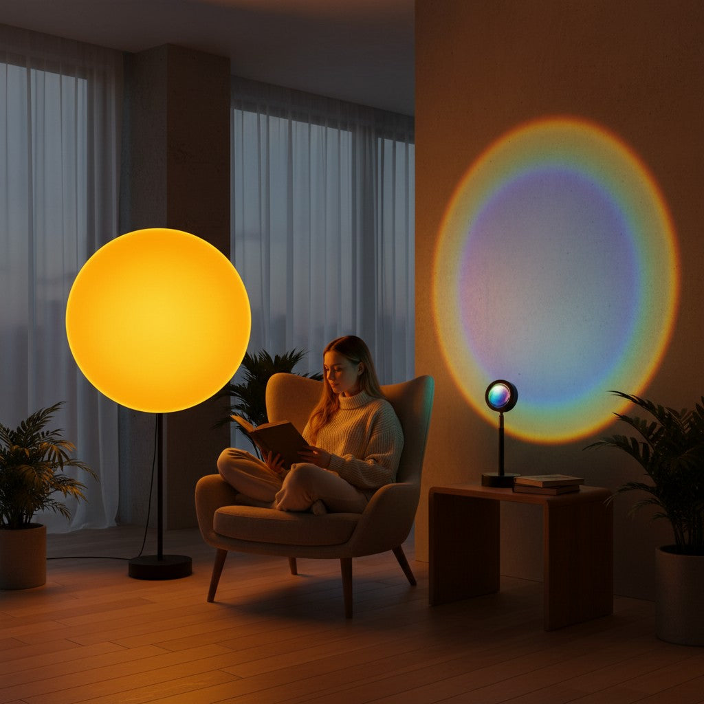 Lampe Lumeoo projetant un halo de coucher de soleil doré sur un mur, créant une ambiance apaisante dans un salon.