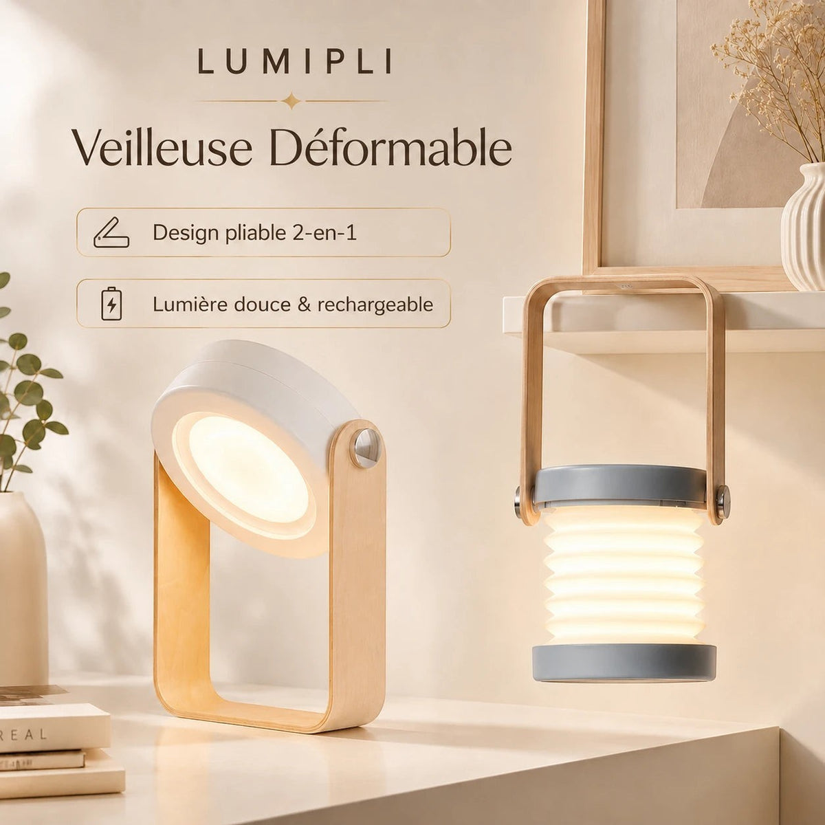Lanterne LED Lumeoo pliable et tactile, design bois et gris, rechargeable USB pour une ambiance cosy et décorative.