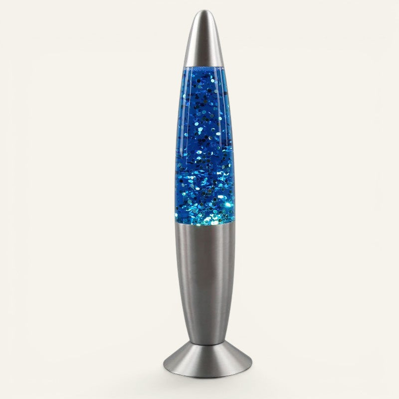 Lampe à lave Lumeoo bleue à paillettes avec base et sommet en aluminium, idéale pour une ambiance relaxante.
