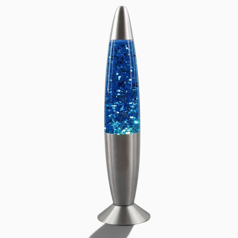 Lampe à lave Lumeoo bleue à paillettes avec base et sommet en aluminium, design fuselé de 330mm pour salon ou chevet
