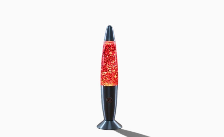 Lampe à lave Lumeoo rouge à paillettes avec base en aluminium, idéale pour une décoration de salon ou de chevet.