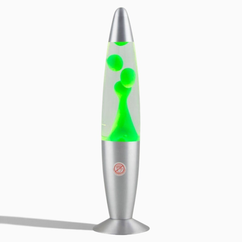 Lampe à lave Lumeoo Vulcano 33cm avec cire verte et base en métal argenté pour une ambiance rétro apaisante