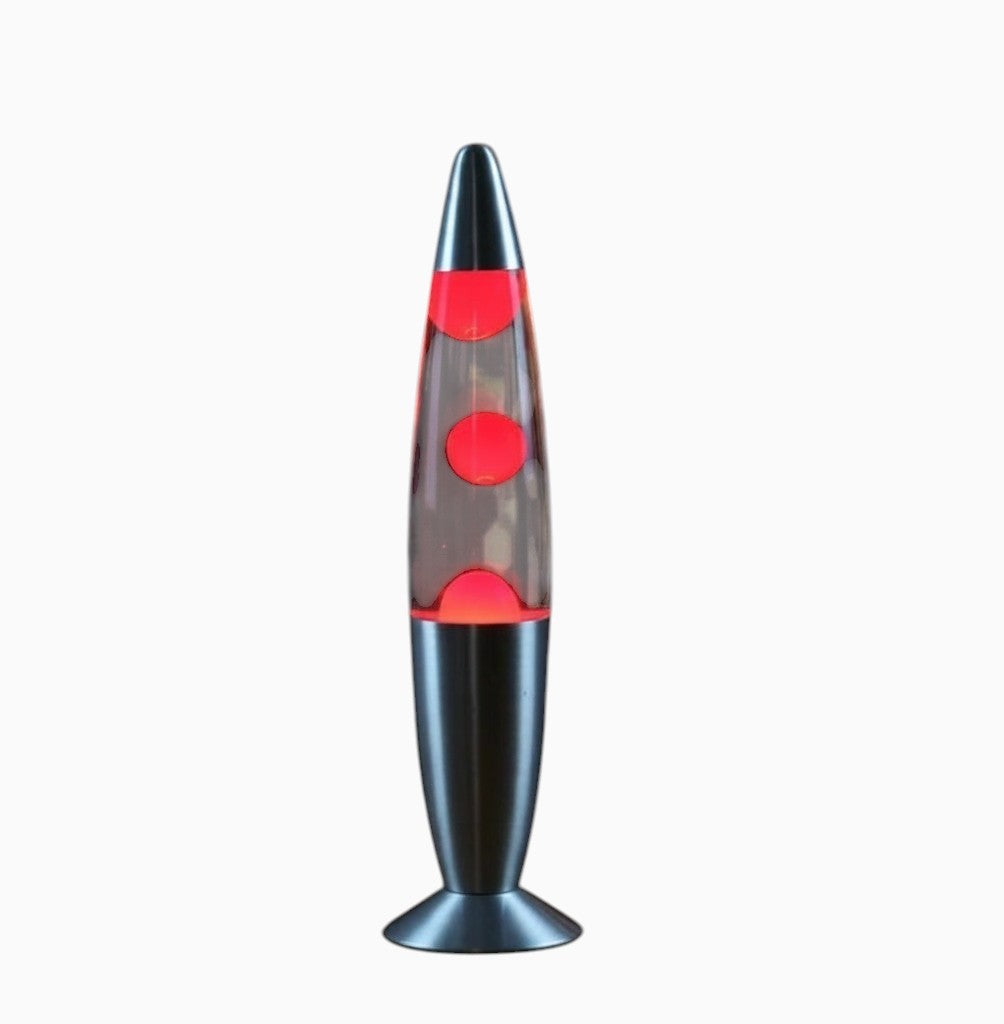 Lampe à lave Lumeoo Vulcano 33cm avec cire rouge et base en métal argenté pour une ambiance rétro et relaxante