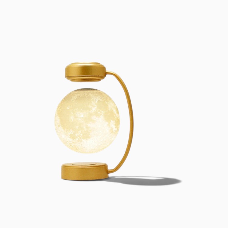 Lampe lune Lumeoo en lévitation magnétique avec support doré et éclairage LED 3D rotatif pour une ambiance apaisante