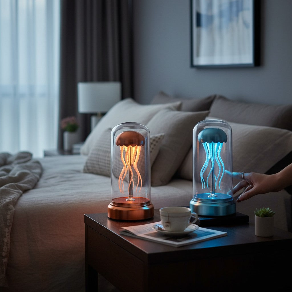 Deux lampes méduse Lumeoo sur une table de chevet, diffusant une lumière apaisante orange et bleue dans une chambre.