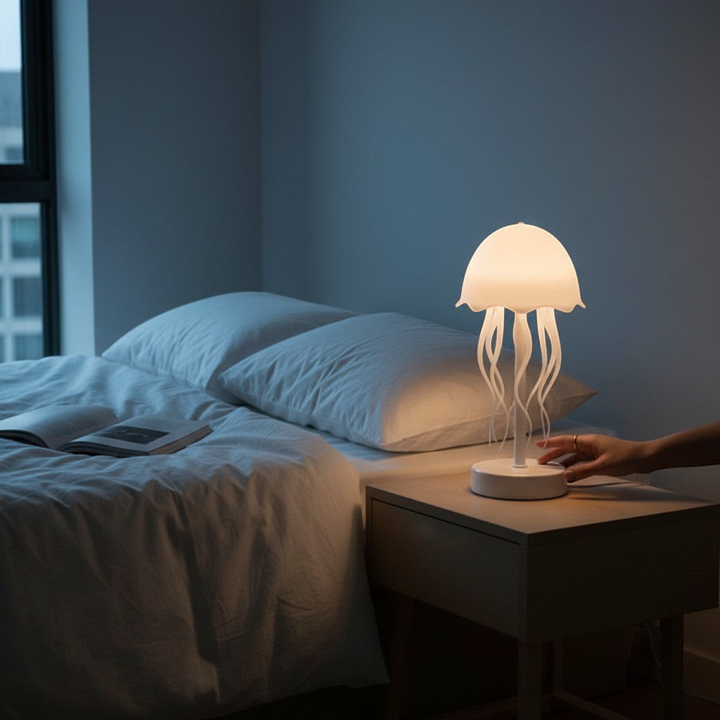 Lampe méduse Lumeoo blanche à commande vocale posée sur une table de chevet dans une chambre à coucher apaisante