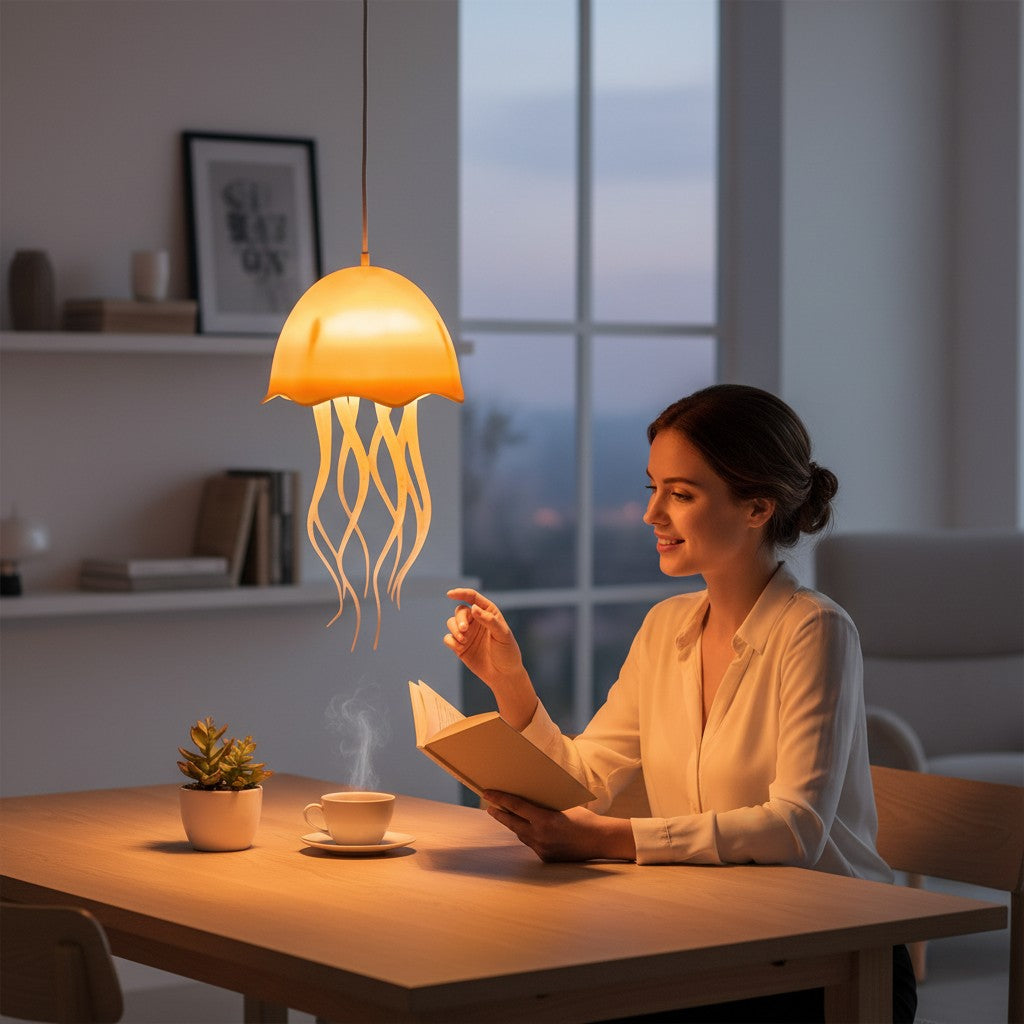 Femme lisant sous une lampe méduse Lumeoo multicolore à contrôle vocal dans une ambiance chaleureuse et apaisante