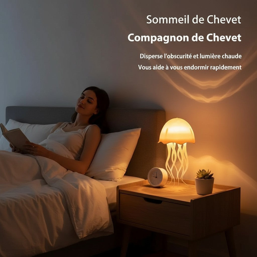 Lampe méduse Lumeoo à contrôle vocal diffusant une lumière chaude sur une table de chevet près d'une femme qui lit