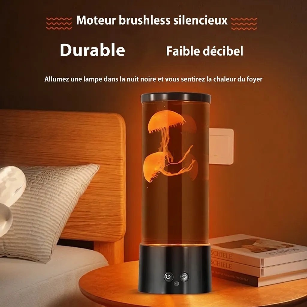 Lampe méduse Lumeoo cylindrique avec éclairage LED ambré apaisant sur une table de chevet dans une chambre