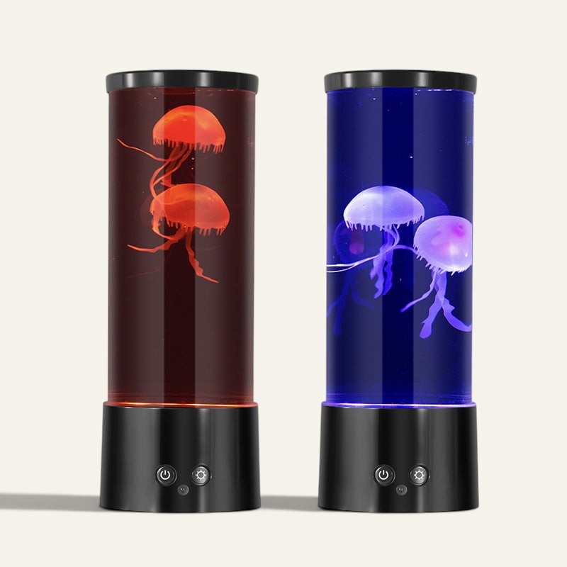 Deux lampes méduse Lumeoo cylindriques avec éclairage LED changeant, télécommandées pour une ambiance relaxante.