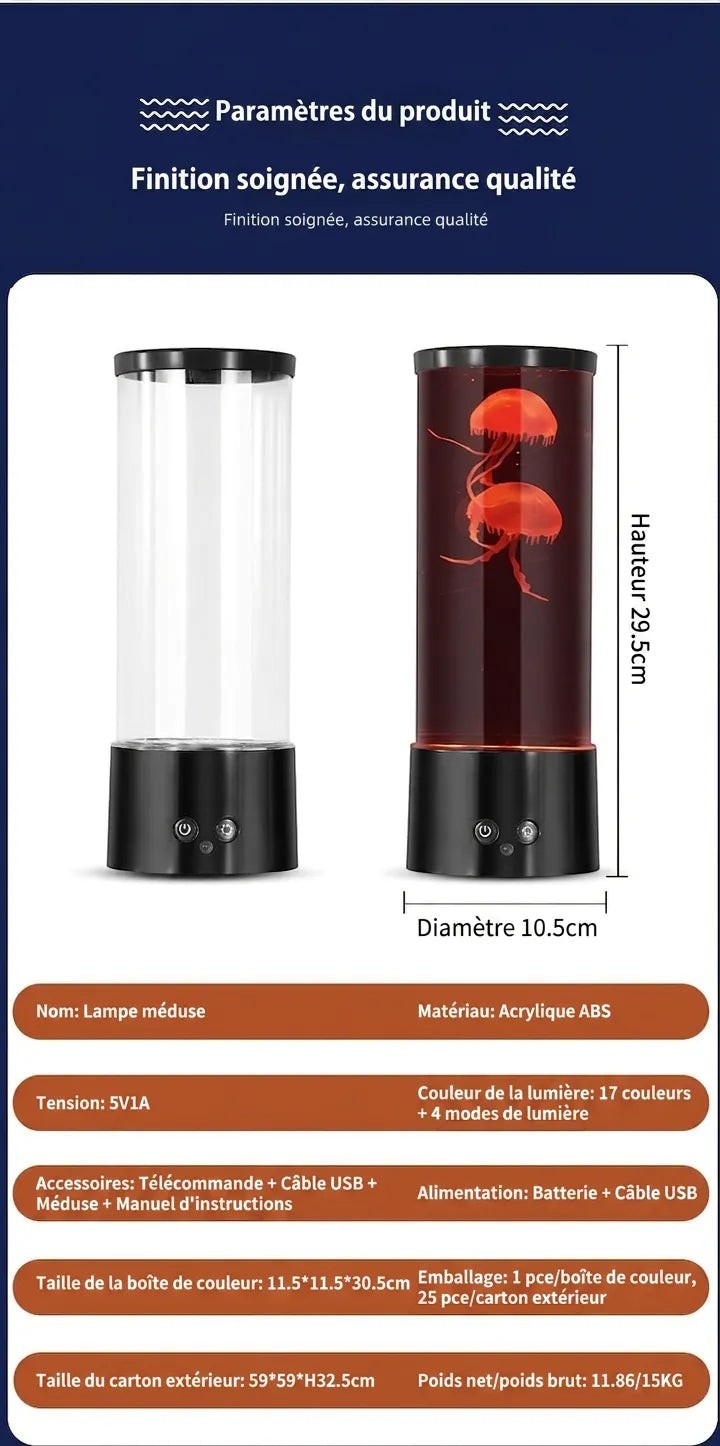 Lampe méduse Lumeoo avec base noire, cylindre en acrylique et télécommande, affichant les dimensions techniques du produit
