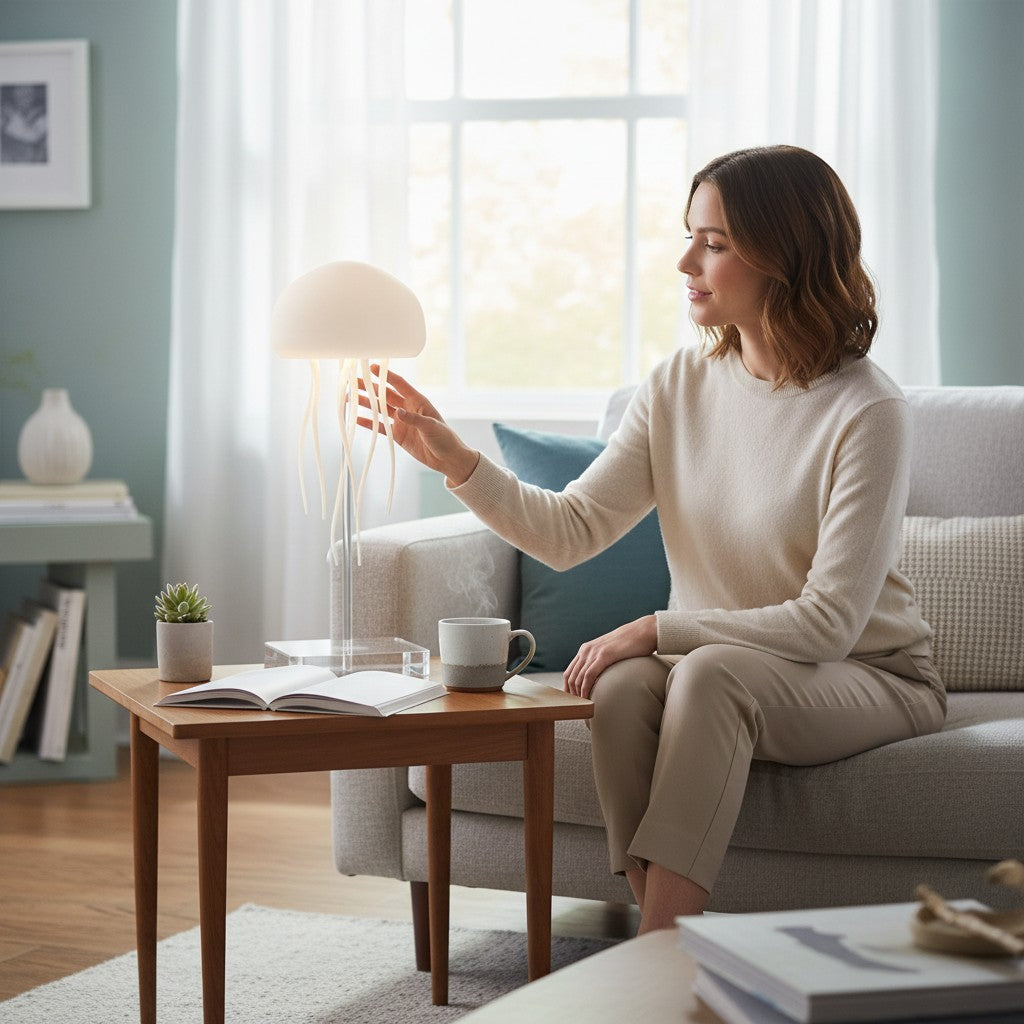 Femme assise près d'une lampe méduse LED Lumeoo diffusant une lumière douce dans un salon chaleureux
