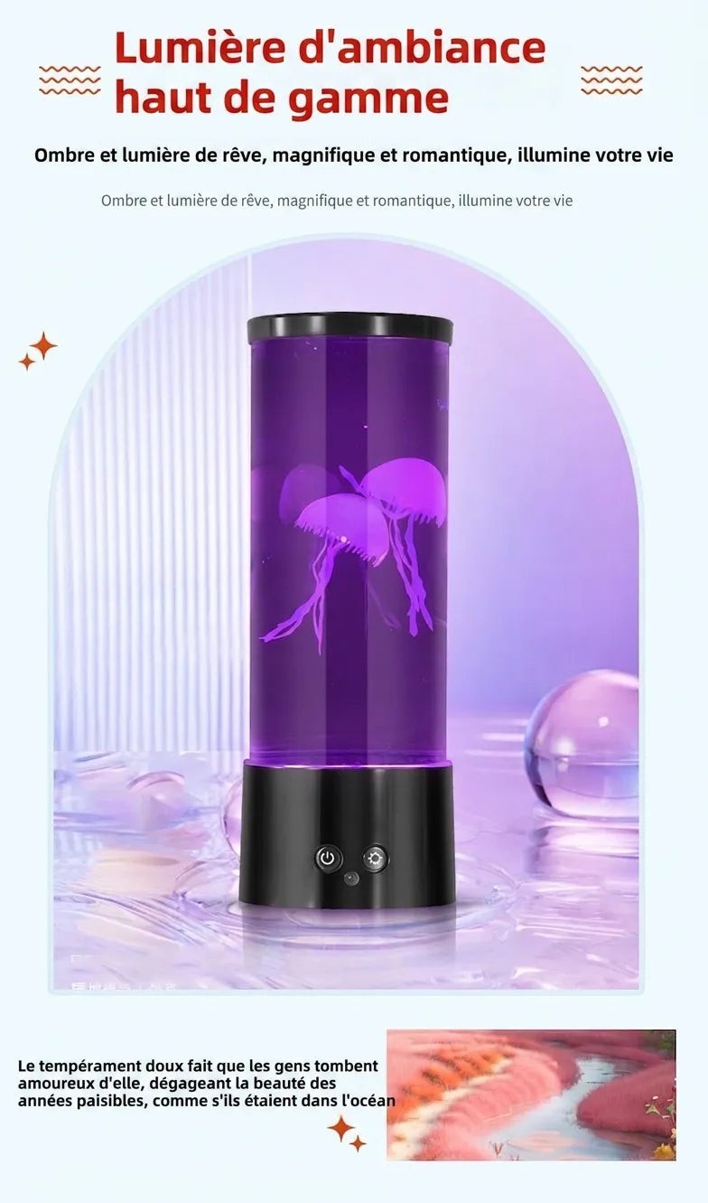 Lampe méduse LED Lumeoo cylindrique avec éclairage violet apaisant et base noire, idéale pour une ambiance relaxante.