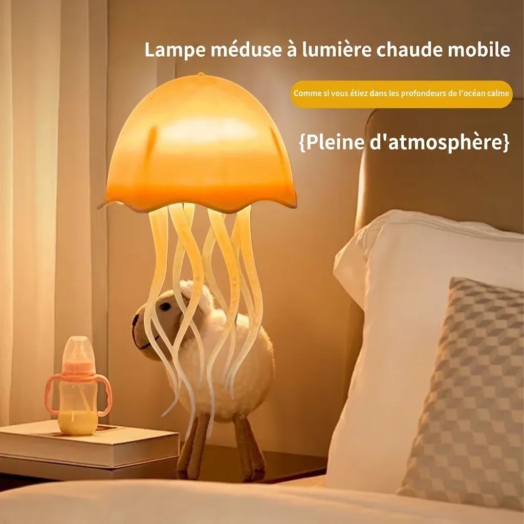 Lampe méduse Lumeoo à lumière chaude mobile posée sur une table de chevet pour une ambiance apaisante dans la chambre