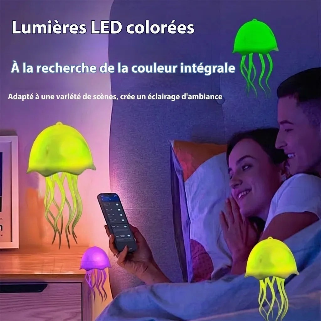 Lampe méduse Lumeoo multicolore à commande vocale dans une chambre, créant une ambiance lumineuse relaxante