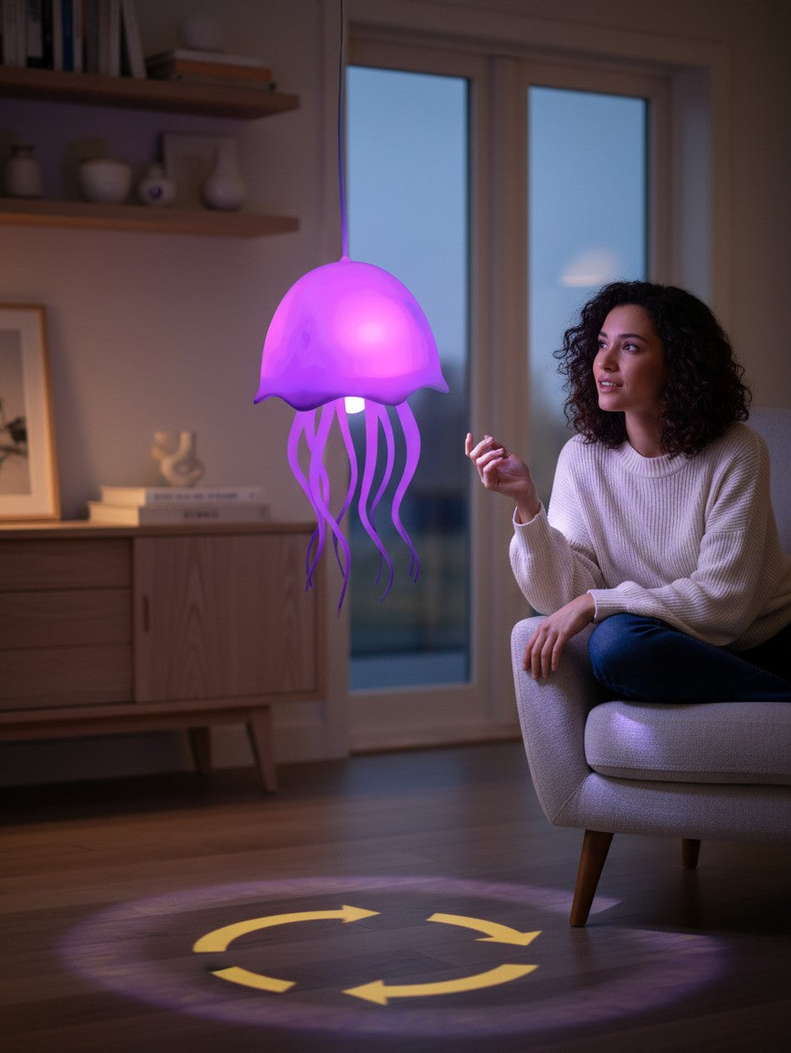 Lampe méduse Lumeoo multicolore à contrôle vocal suspendue dans un salon moderne avec une femme assise à côté Image
