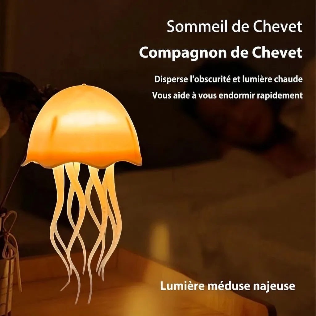 Lampe méduse Lumeoo multicolore à commande vocale diffusant une lumière chaude apaisante sur une table de chevet