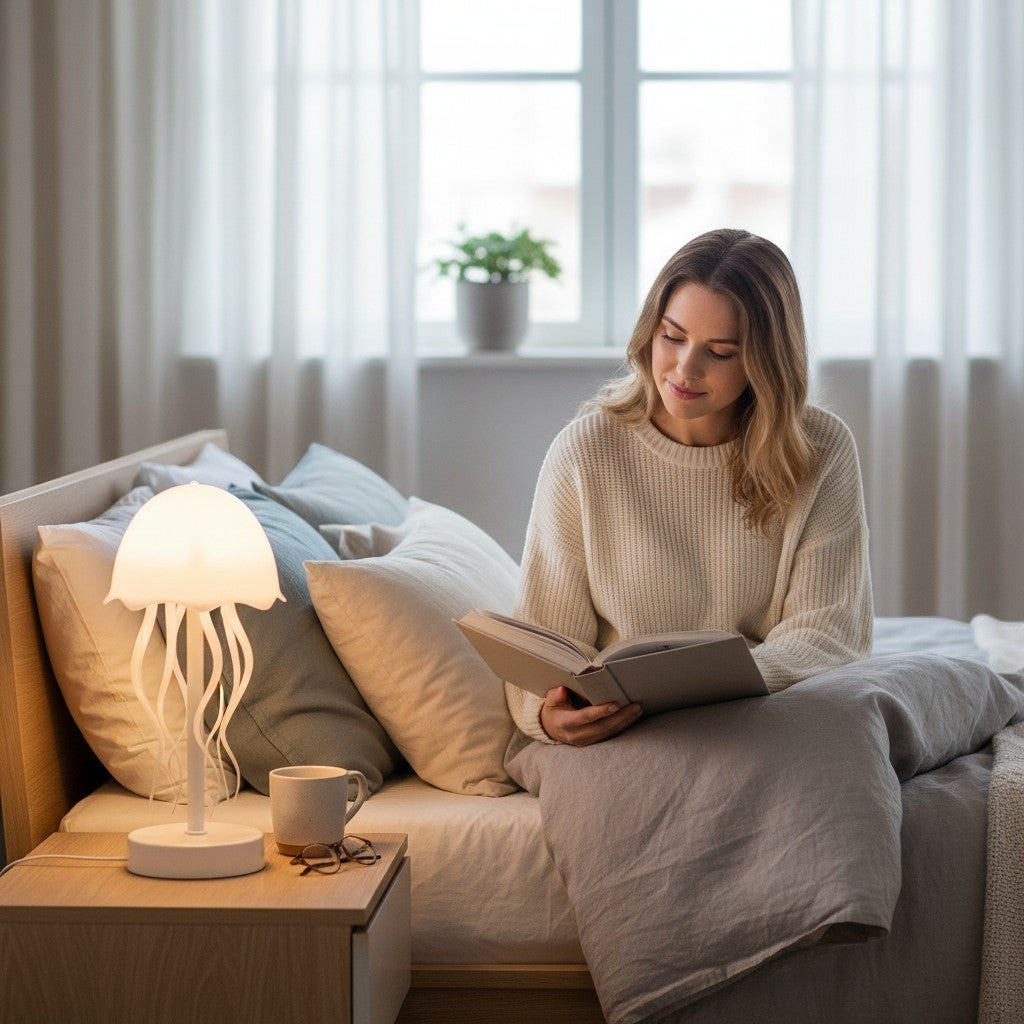 Femme lisant dans un lit avec une lampe méduse Lumeoo blanche à contrôle vocal diffusant une lumière douce