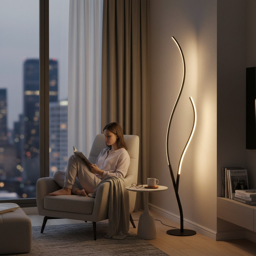 Lampe sur pied Lumeoo au design branche artistique LED diffusant une lumière douce dans un salon moderne