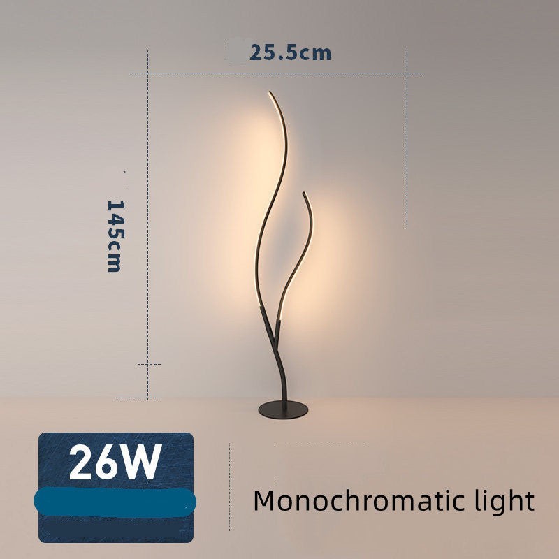 Lampe sur pied Lumeoo au design branche artistique noir avec éclairage LED courbé et dimensions indiquées