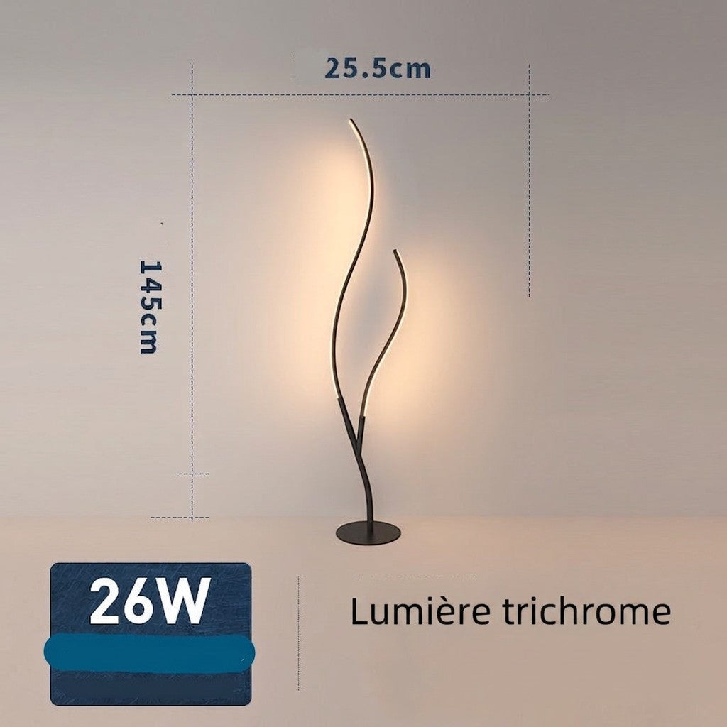Lampe sur pied Lumeoo au design branche artistique noir avec éclairage LED trichrome et dimensions indiquées