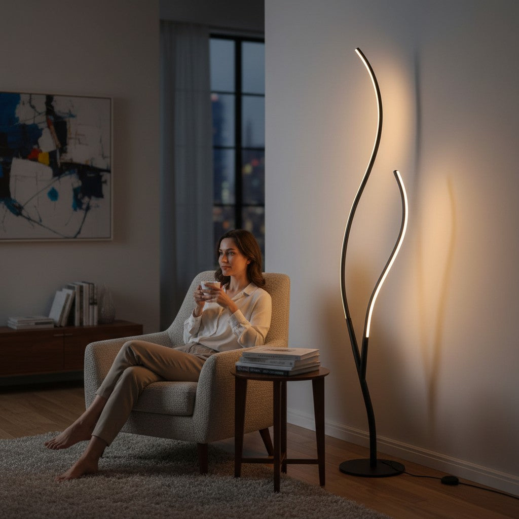 Lampe sur pied Lumeoo au design de branche artistique LED courbée, diffusant une lumière douce dans un salon moderne.
