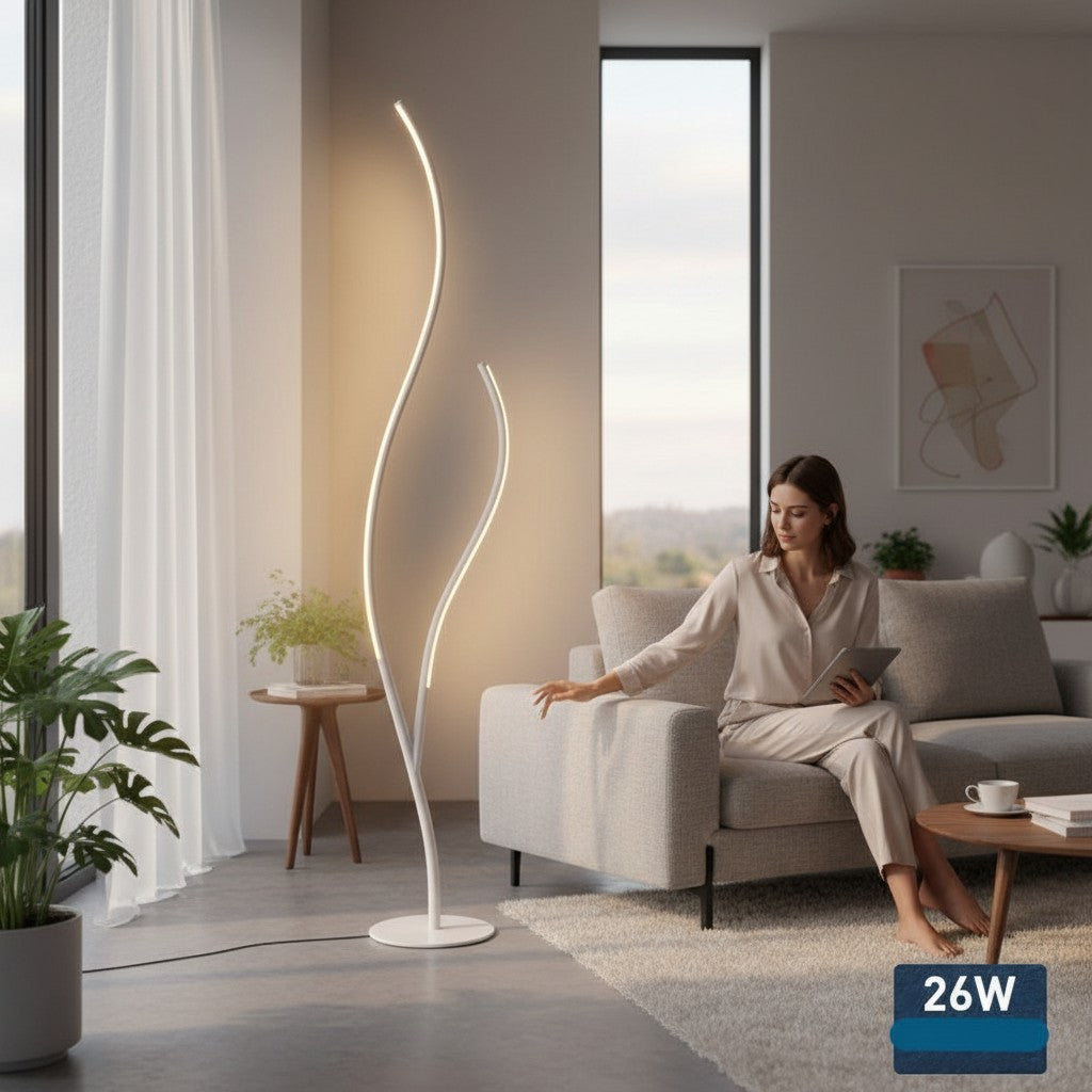 Lampe sur pied Lumeoo design branche artistique LED blanche diffusant une lumière douce dans un salon moderne