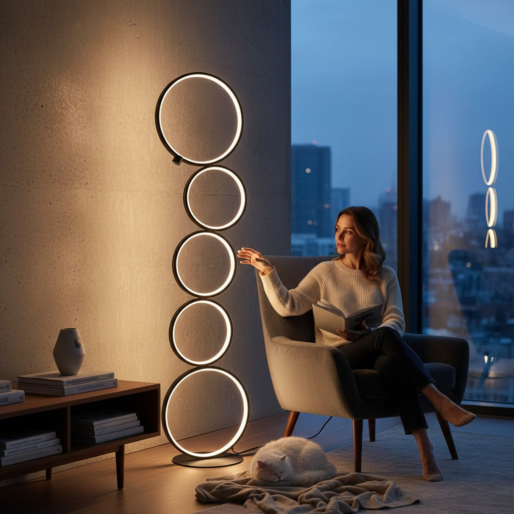 Lampe sur pied Lumeoo au design minimaliste avec quatre anneaux lumineux circulaires dans un salon moderne