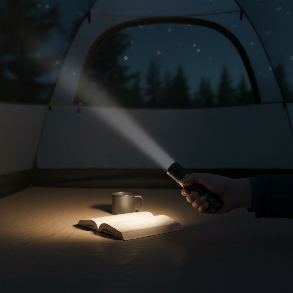Lampe de poche EDC Lumeoo compacte et puissante éclairant un livre dans une tente de camping la nuit