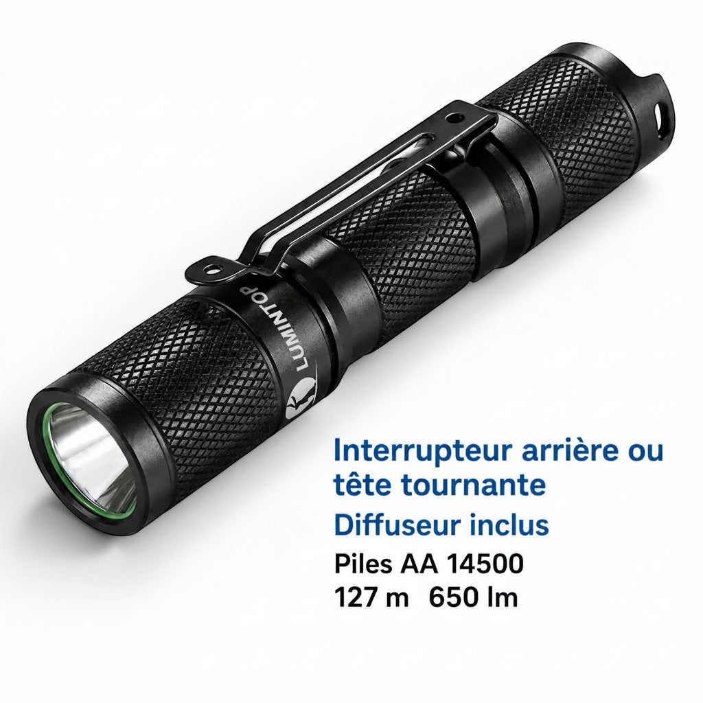 Lampe de poche EDC Lumeoo noire compacte 650 lumens avec clip de fixation, idéale pour porte-clés et usage quotidien.